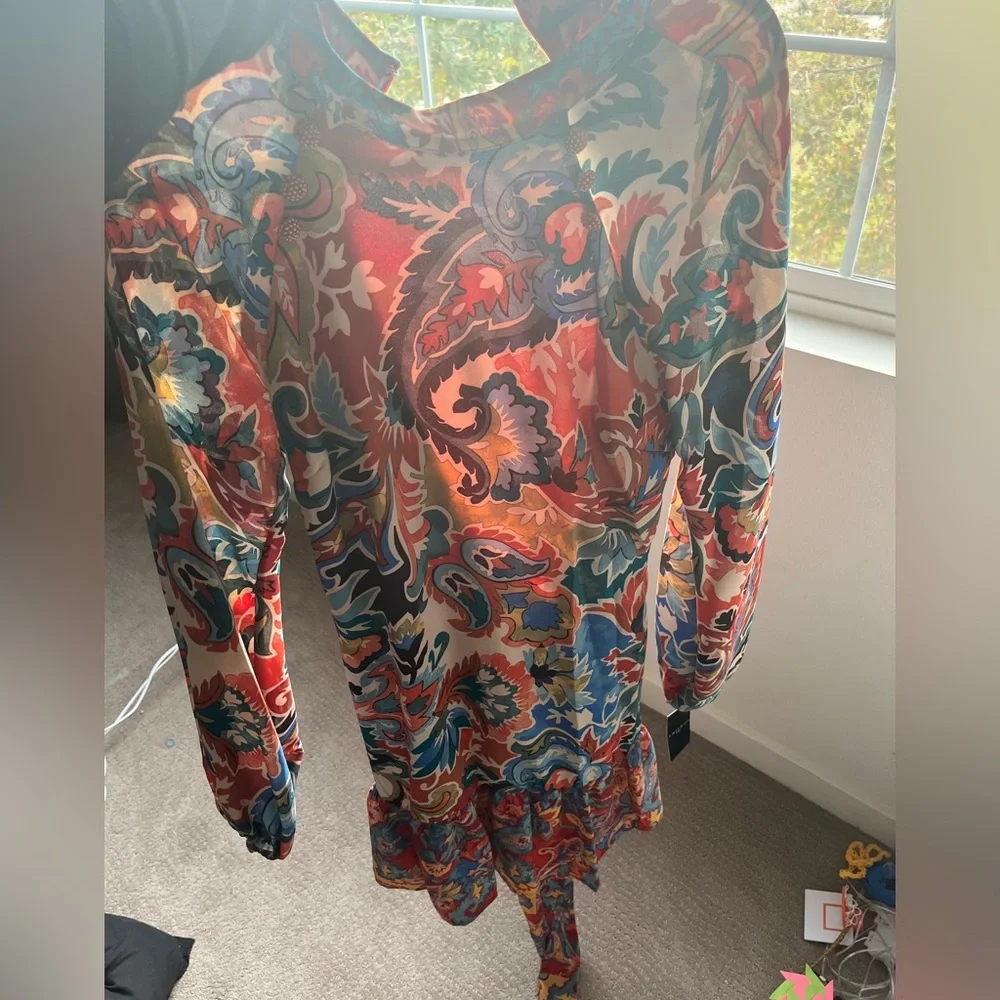 Nordstrom TAHARi  floral print dress button detail tie waist ruffle mock neck 10 - Picture 3 of 4